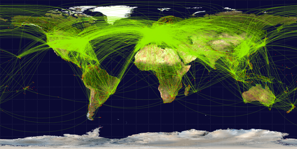 Map of scheduled airline traffic around the world, circa June 2009