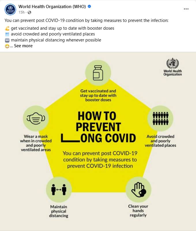 Screenshot of a Facebook post by World Health Organization saying "You can prevent post COVID-19 condition by taking measures to prevent the infection." with a graphic listing five measures: wearing a mask, getting vaccinated and boosted, avoiding crowded and poorly ventilated places, maintaining physical distancing, cleaning your hands regularly.